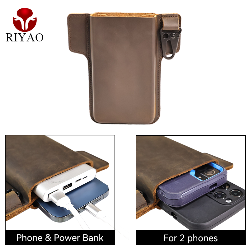 RIYAO Double-Layer Genuine Leather Phone Holster Case Men's Mobile Phone Cover With Belt Clip Waist Packs Vertical Carrying