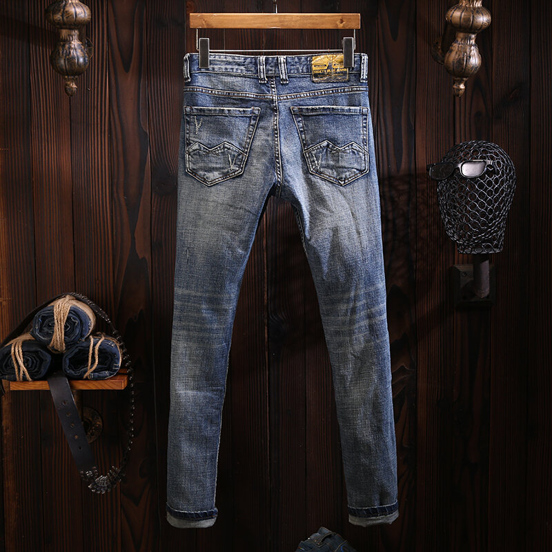 Jeans Pria Desainer Fashion Celana Panjang Pria Jeans Sobek Tambalan Lubang Pas Badan Biru Retro Celana Denim Antik Gaya Italia Hombre