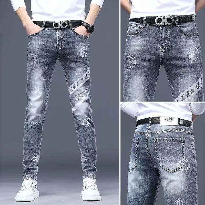 Jeans Baru Ramping Streetwear 90S Hip Hop Pakaian Desainer Grafis Skinny Asli Koboi Kasual Celana Bordir Elastis untuk Pria