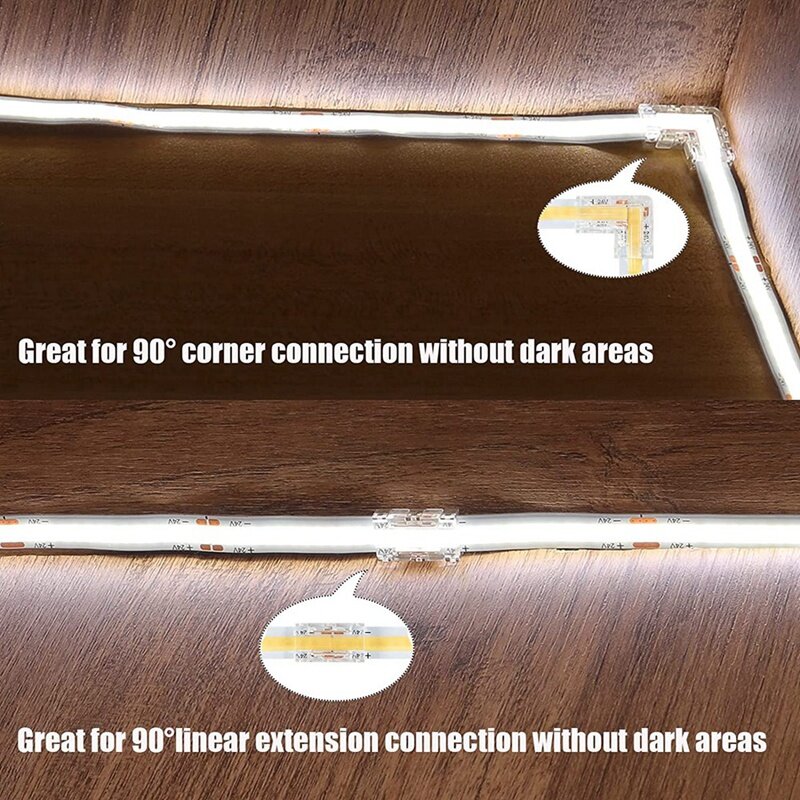 Connecteur de bande LED COB sans espace, 8mm, 2 broches, 8 paquets et 2 broches en forme de L, coin LED Cob, 2 pièces pour bande lumineuse LED Cob 8mm