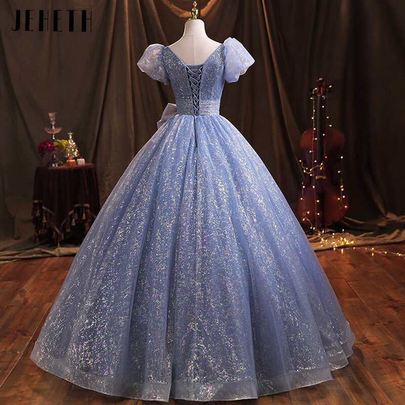 JEHETH prawdziwe zdjęcia błyszczą suknia wieczorowa bufiaste rękawy księżniczki suknie urodzinowe błyszczącą szatę de bal formalną wieczorną imprezę dla kobiet Prawdziwe zdjęcia Glitter Suknia Balowa Puff Rękawy Księżn