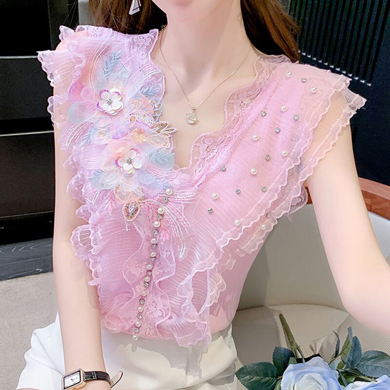 Modna gaza marszczona diamenty z koralikami bluzki bez rękawów odzież damska 2024 letnich nowych luźny, dzianinowy topy w koreańskim stylu słodkie koszule