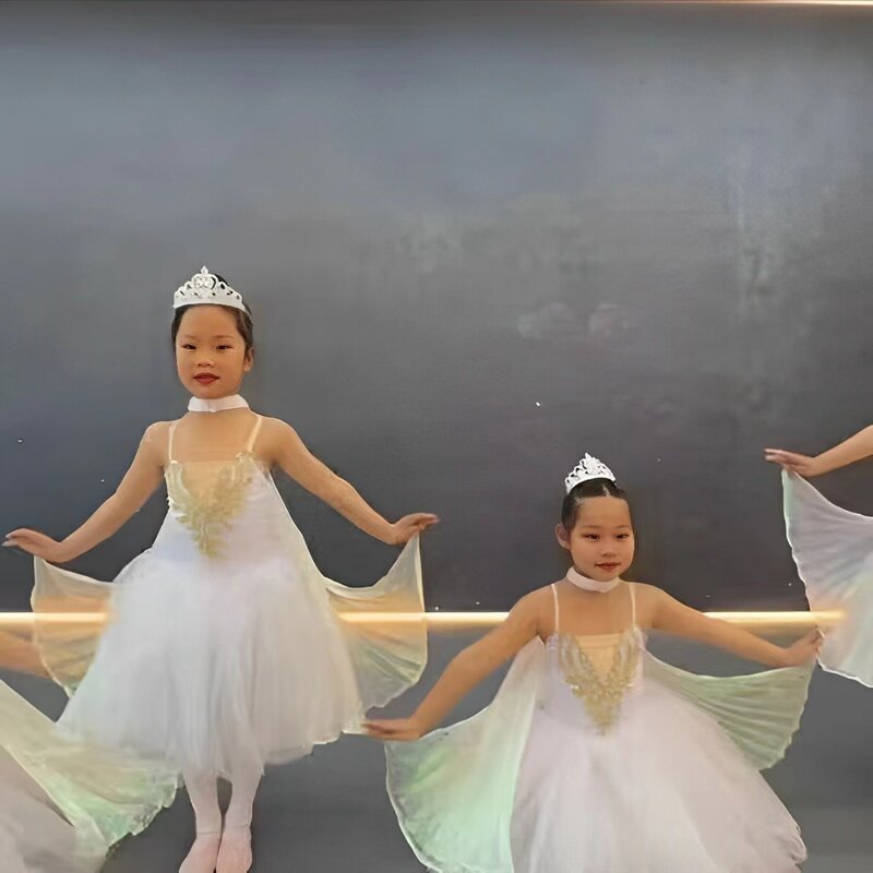 Kostum dansa anak-anak, kostum pertunjukan balet Danau angsa baru dengan sayap dan mahkota
