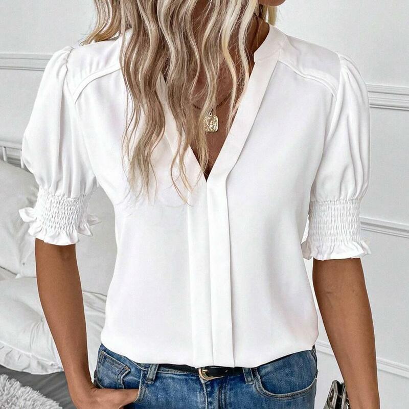 Vrouwen Blouse Stijlvolle Dames V-Hals Poff Mouw Shirt Slim Fit Effen Kleur Blouse Casual Streetwear Top Voor Zomer Casual Zomer Casual