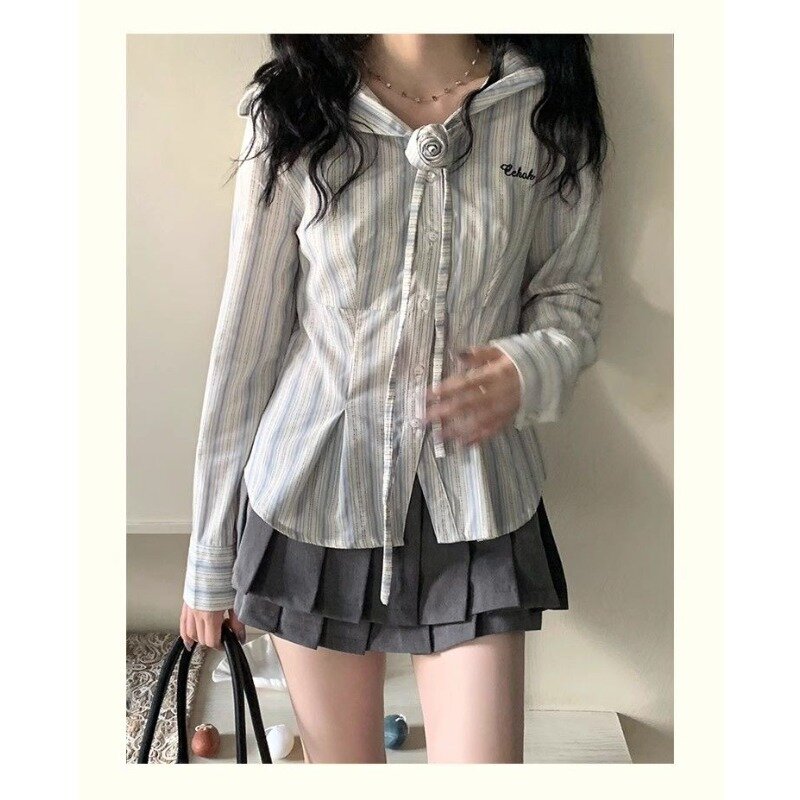 QWEEK-camisa de manga comprida listrada para mulher, blusas preppy de botão, chique casual vintage, moda coreana, Y2k, estética juvenil, primavera