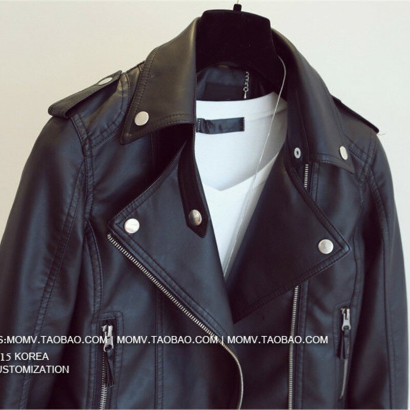 Chaqueta de cuero PU para mujer, abrigo de piel sintética suave, ajustado, negro, remache, cremallera, motocicleta, nuevo diseño, primavera, otoño