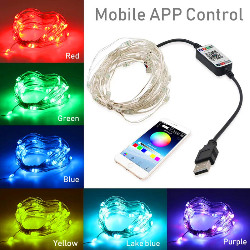 الذكية RGB عيد الميلاد الجنية ضوء سلسلة APP بلوتوث التحكم مقاوم للماء USB أضواء ذات الأسلاك النحاسية 16 ألوان السنة الجديدة الديكور