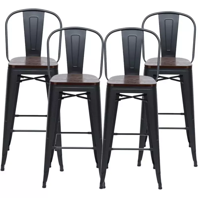 Haobo home 24 "sgabelli da bar con schienale alto sgabello in metallo con sedile in legno [set di 4] sgabelli da bar altezza bancone, nero opaco