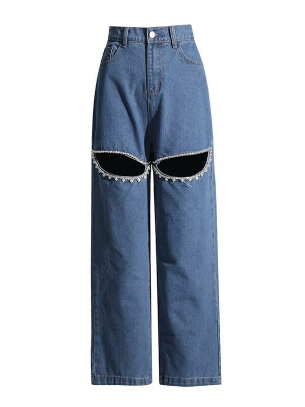 Twotwwinstyle patchworkowe diamenty spodnie dżinsowe dla kobiet z wysokim stanem, wydrążone minimalistyczne dżinsy z szeroką nogawką kobiece modne nowe 2023