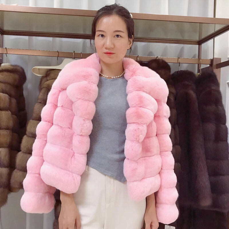Chinchilla Real Rex Rabbit Fur Coat Suit Collar Luxury Winter 2023 Women's Short Coat New In Outerwears