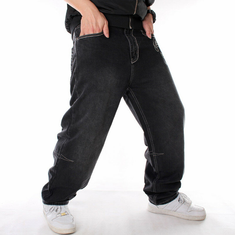 Jeans de skate hip-hop masculino, calça jeans solta preta, tamanho grande, Y2K, verão