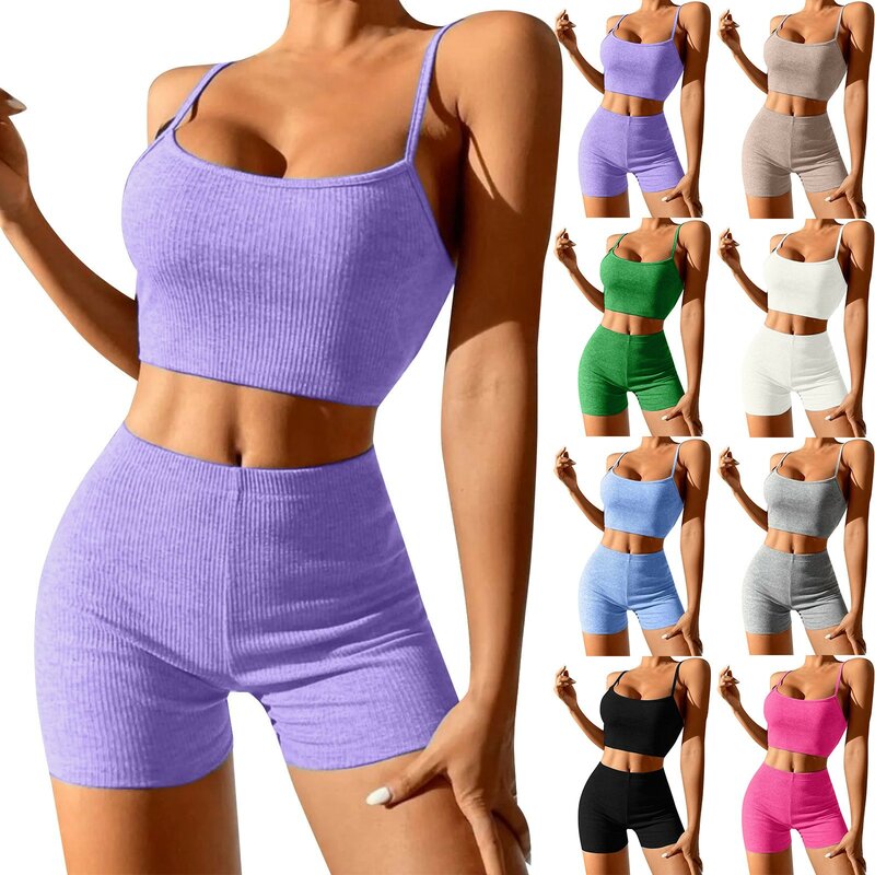 Ribbed rajutan 2 potong set desain kepribadian seksi Suspender tanpa lengan celana pendek pakaian mode Yoga olahraga Bodycon