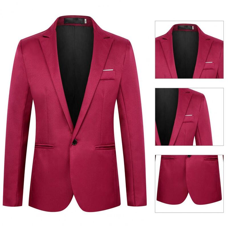 Textura macia masculina Blazer formal, tipo fino, simples, slim fit, escritório, negócio, bolsos, moda