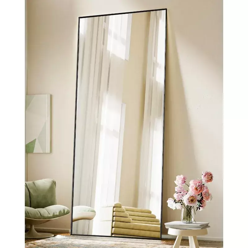 71"x28" Standing Hanging or Leaning Against Wall Floor Mirrors Body Dressing Wall-Mounted with Aluminum Alloy Thin Frame, Black