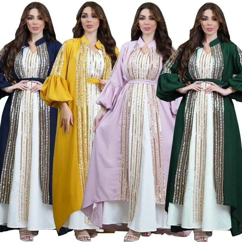Nahost Kuwait Robe muslimische Mode Frauen Perle bestickt zweiteilig Set Blase Ärmel Kleid muslimische Sets Kleid für Frauen