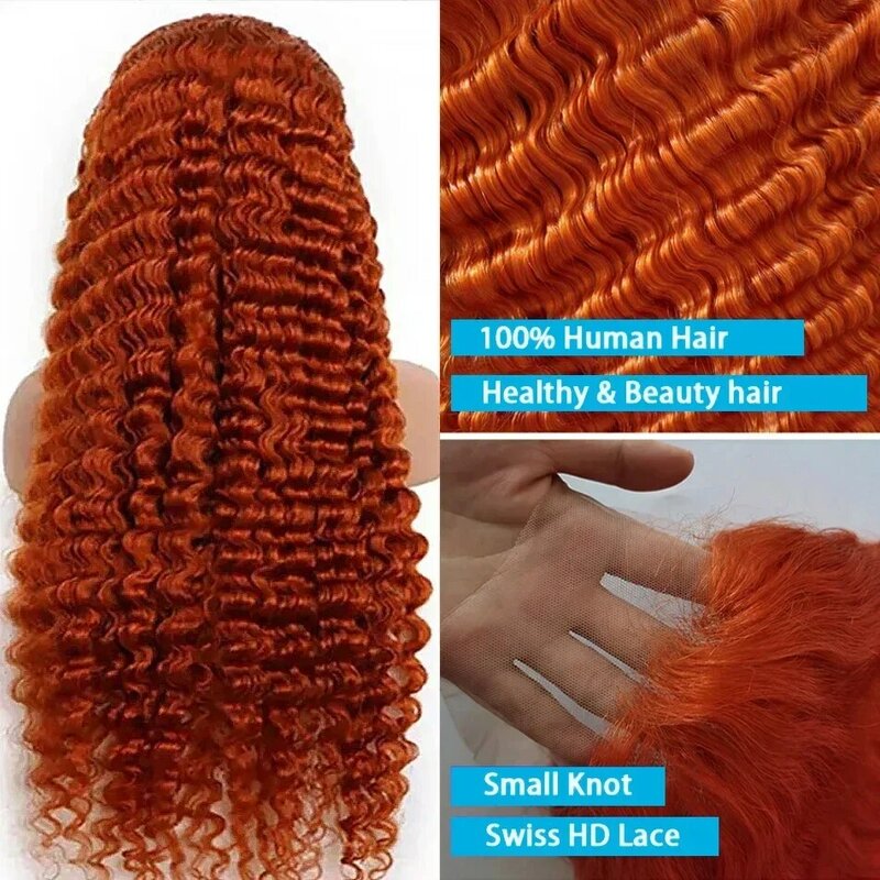30-calowa pomarańczowa imbirowa głęboka fala koronkowa peruka z ludzkich włosów brazylijska peruka 13x6 HD koronkowa przód 350# Kolorowe peruki z kręconymi włosami dla kobiet