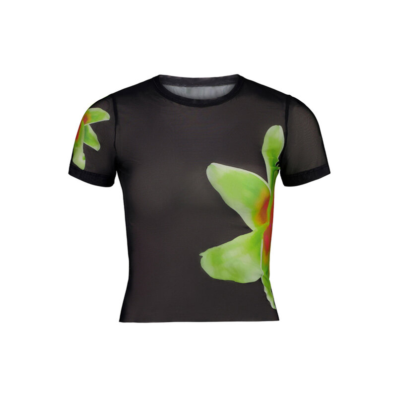 Donna Y2K 2 pezzi Traf Summer Floral Print outfit Set t-shirt a maniche corte in rete trasparente e minigonna Streetwear