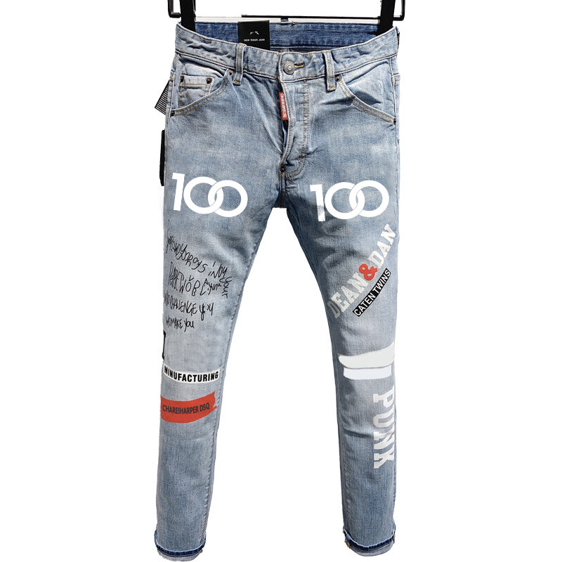 Chareharper dsq 9809 Men`s jeans quadratic slim cotton elastic light color printing laser process Tear Process Italian pants