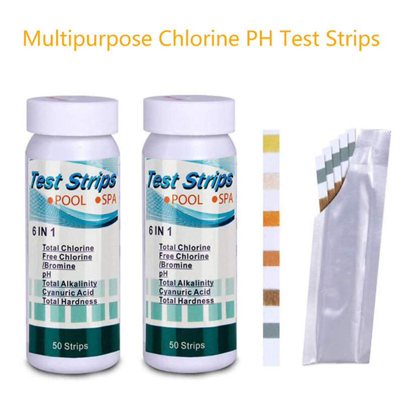 Tiras de prueba de cloro y PH multiusos, 6 en 1, para piscina, SPA, 50 piezas por botella