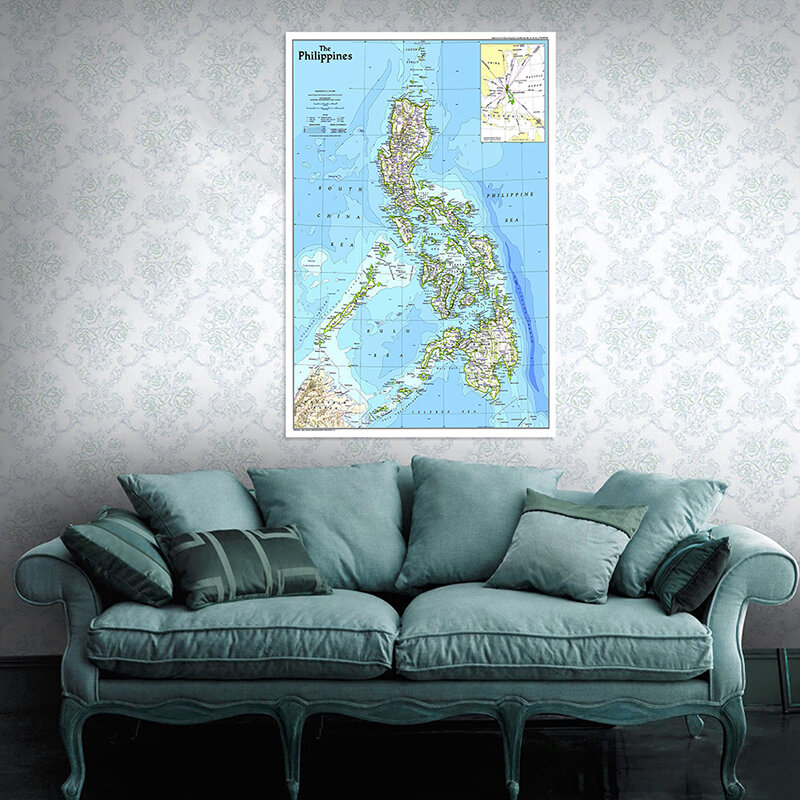 100*150Cm Peta Filipina Dalam Bahasa Inggris 1986 Versi Non-woven Kanvas Lukisan Dinding Seni Poster dan Cetak Ruang Tamu Dekorasi Rumah
