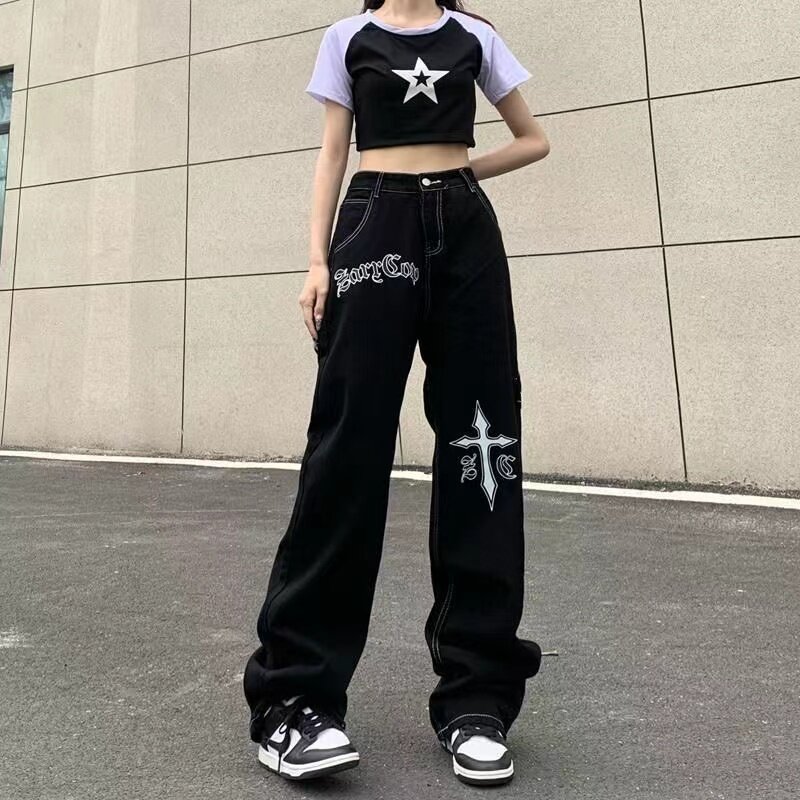 Street Simple Personalized Printed Jeans Women's Gothic Style American Y2K Straight Jeans Hip-Hop Jeans Couples Street Bottoms