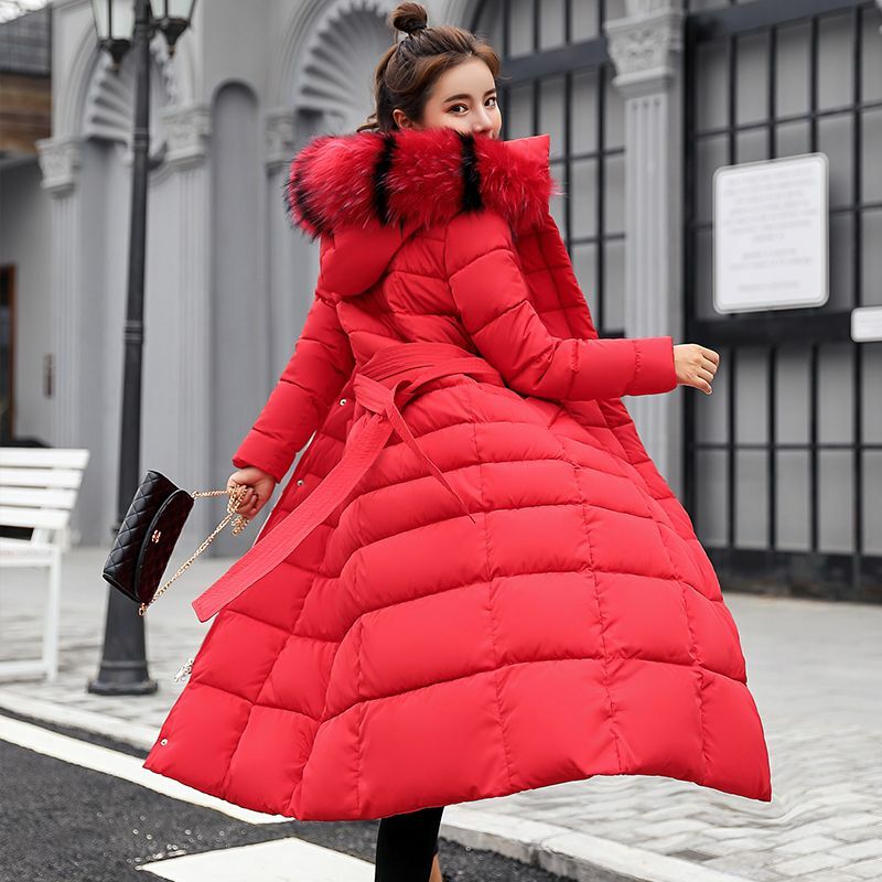 女性の冬の綿のロングコート,膝上,大きな毛皮の襟,フード付き,厚くて暖かい,パッド入りのコットンコート