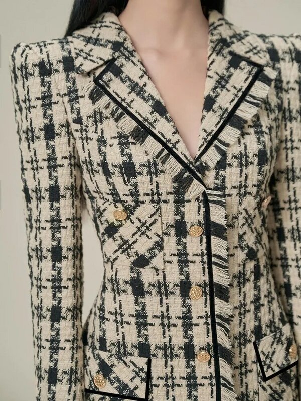 Thousand Bird Checker 여성 통근용 모직 짧은 스커트, 고급스러운 분위기, 스몰 향기로운 드레스, 초봄