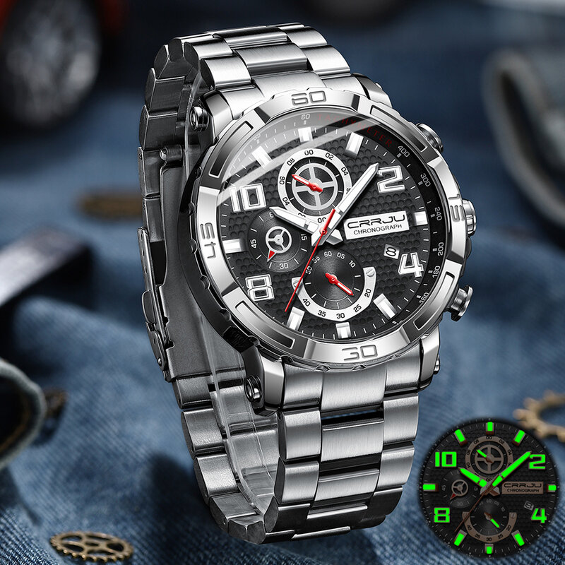 CRRJU – montre étanche en acier inoxydable pour hommes, avec grand cadran lumineux, chronographe sportif
