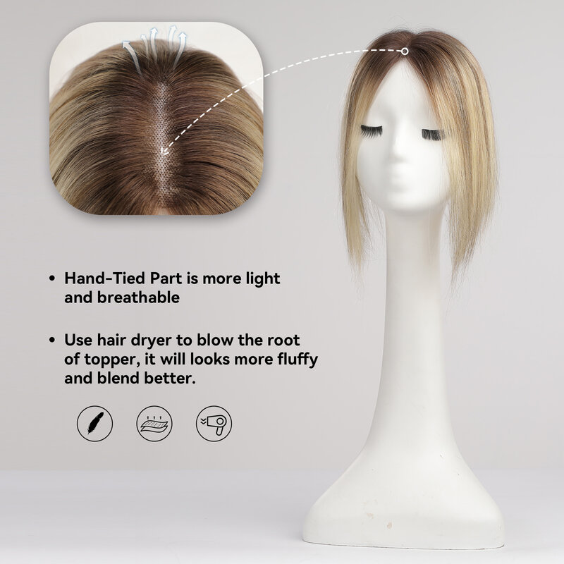 100% Remy capelli umani Toppers parte centrale Ombre marrone chiaro dorato pezzi di capelli umani per le donne con fermaglio per capelli diradati in Toppers