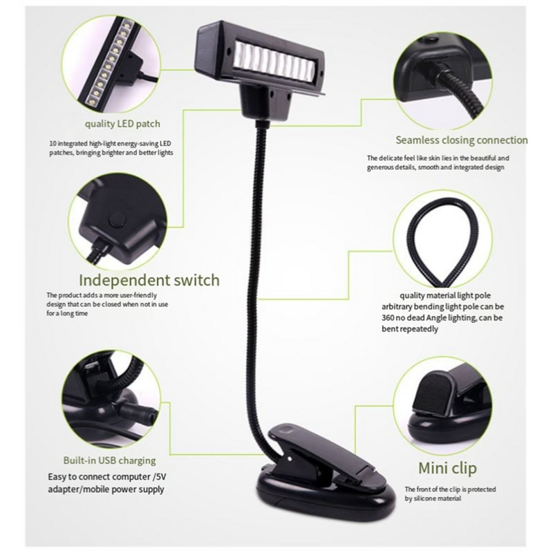 USB Recarregável Music Stand Light, 10 LED brilhante, Nightstand Lamp, Desk Reading Lamp