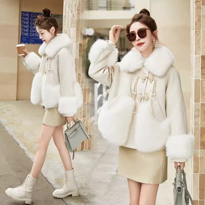 Jaqueta feminina com fivela estilo chinês, casaco curto de pele de raposa, jaquetas soltas e emagrecedoras, casaco luxuoso leve, senso de design, novo inverno, 2022