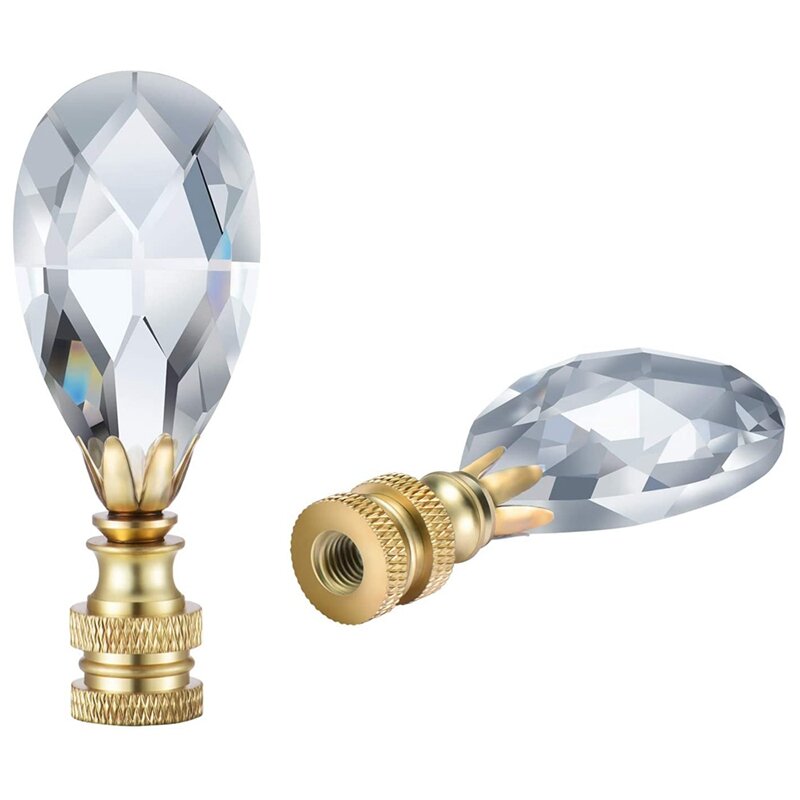 2 Packs Teardrop Clear Crystal Lamp Finial Lamp Decoration For Lamp Shade With Polished Brass Base, Clear, 2-3/4 Inches