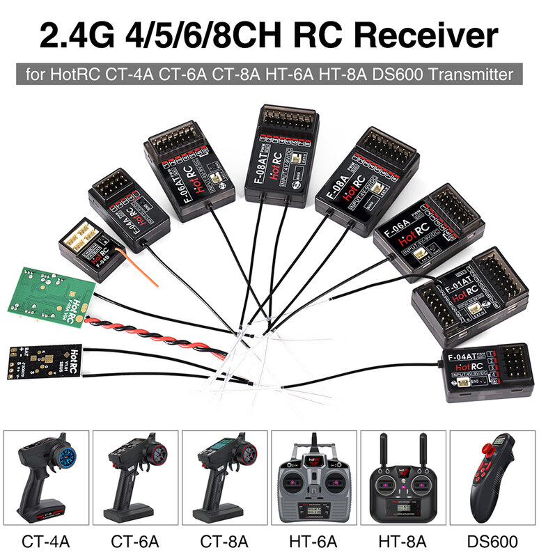 HotRC 4/5/6/8CH RC Receiver 2.4GHz Multi Channels Receivers with Gyro Long Range for CT-4A CT-6A CT-8A HT-6A HT-8A DS600