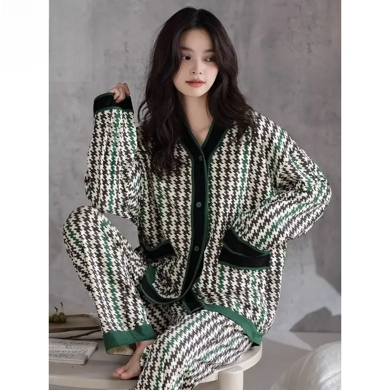 Dames Pyjama 'S Set Duizend Vogels Controleren Textuur Koreaanse Mode Lente En Herfst Lange Mouwen Vest Elegante Nachtkleding Homewear