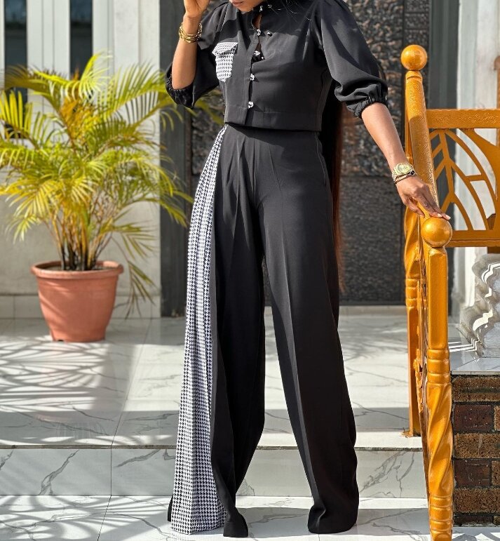 Рубашка с воротником-стойкой и рукавом 5/4, широкие брюки с принтом и высокой талией, комплект из двух предметов, новинка, лидер продаж, модная женская одежда