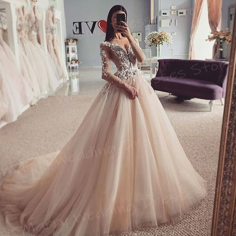 2024 squisiti splendidi abiti da sposa da donna A Line Pretty Lace Appliques abiti da sposa manica lunga Princess Vestidos Femenino
