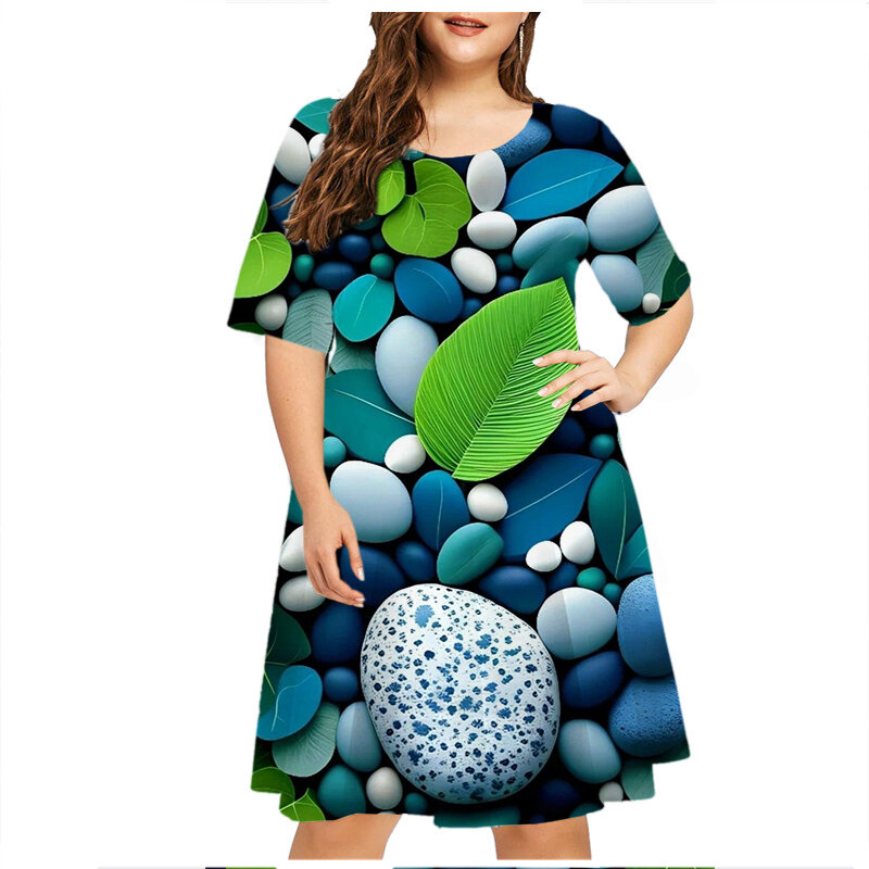 녹색 잎 빗방울 여성용 반팔 드레스, O-넥 루즈 플러스 사이즈 드레스, 캐주얼 3D 프린트 미니 드레스, 5XL, 여름 패션, 6XL