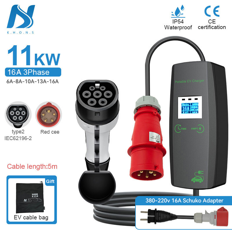 Khons-cargador portátil para coche eléctrico, caja de carga EVSE, enchufe Cee, trifásico, 16A, 32A, tipo 2, IEC62196