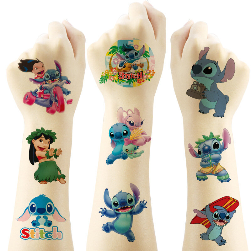 Pegatinas de tatuaje de Disney Stitch para niños y niñas, tatuajes falsos temporales, pasta en la cara, brazo, pierna, juguete de cumpleaños, regalo