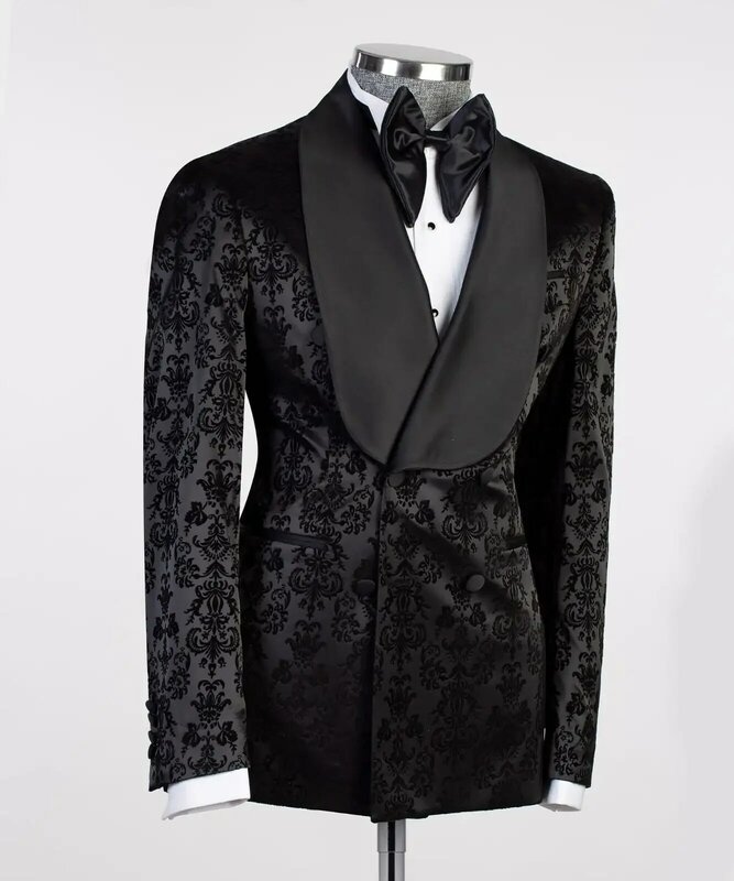 Ternos de casamento Jacquard Slim Fit masculino, jaqueta, calças, conjunto de colete, blazer masculino, casaco, calças, preto, casual, 2 peças, P14Black