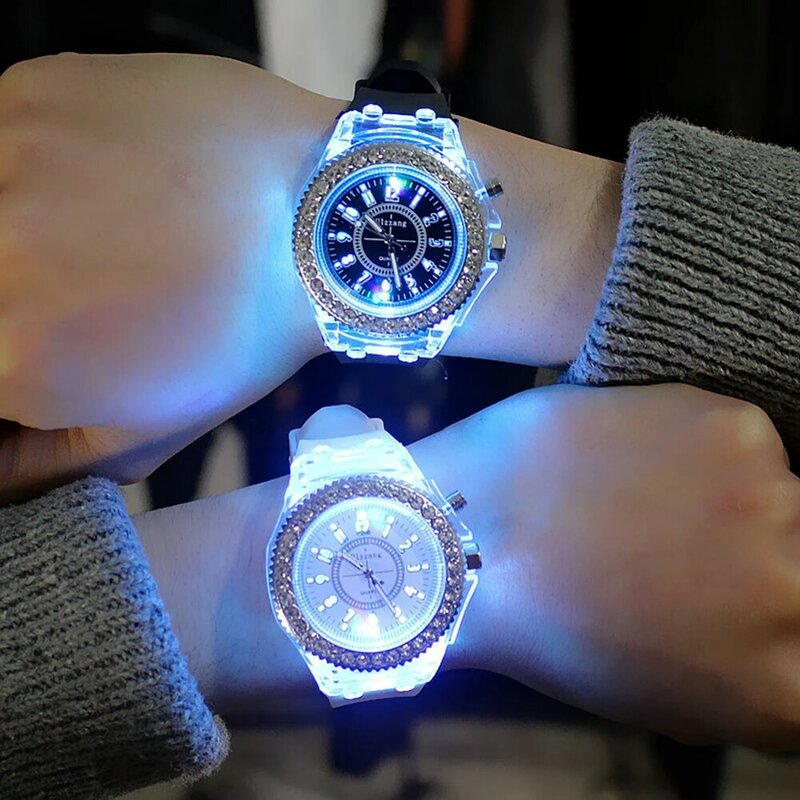 Jam tangan pasangan, arloji elektronik modis tren sederhana berlian imitasi berkilau