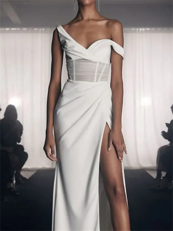 Sheath/Column Wedding Dresses/Evening/Bachelorette Party Formal Sweep/Sleeveless V Neck Tulle With Ruched Split Front 2023