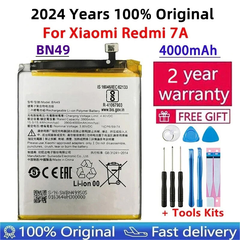 Batterie de remplacement pour Xiaomi Redmi 7A, haute capacité, téléphone 24.com BatBR + outils, 2024 mAh, 100% d'origine, BN49, 4000 ans