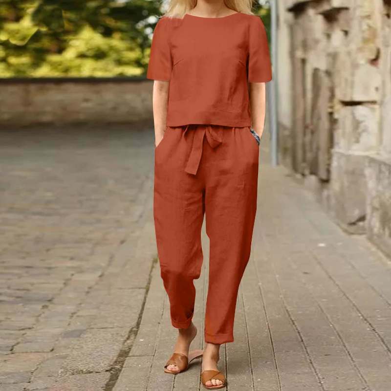 Women's Pullover Shirt And Pants Two-piece Set 2024 Women's Cotton And Linen Summer Suit Half Sleeved O-neck Outfit Pants
