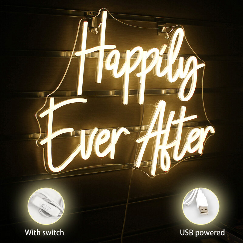 Happily Ever After Neon LED Letter Sign Light, Decoração Estética para Casamento, Aniversário, Casa, Casamento, Lâmpada de parede