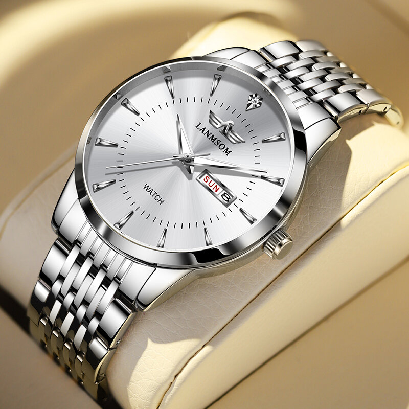 LANMSOM-Relógios de quartzo impermeáveis masculinos com pulseira de aço, casual, negócios, calendário