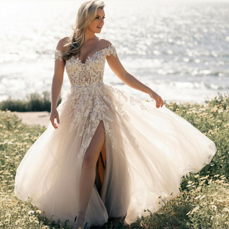 Gaun pernikahan bunga renda gading ukuran Plus 2023 gaun pengantin belahan tinggi model A-line gaun pengantin wanita vestido de novia ZJ036