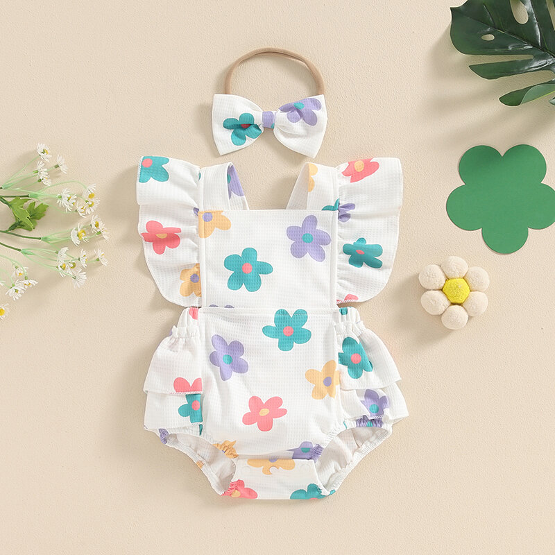 Комбинезон для новорожденных девочек 0-18 месяцев, одежда с цветочным принтом, клубничным рукавом и лентой для волос, летняя одежда