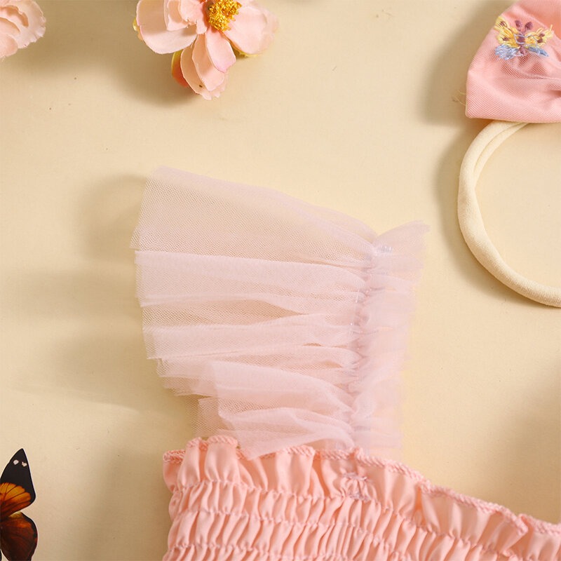 여아용 여름 레이스 롬퍼, 원피스 메쉬 얇은 명주 그물 스커트, 꽃 드레스, 생일 파티 의상
