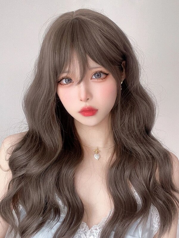 24Inch Cool Brown Synthetic Wigs with Bangs Long Natural Wavy Hair Wig for Women Daily Use Cosplay Drag Queen Heat Resistant
